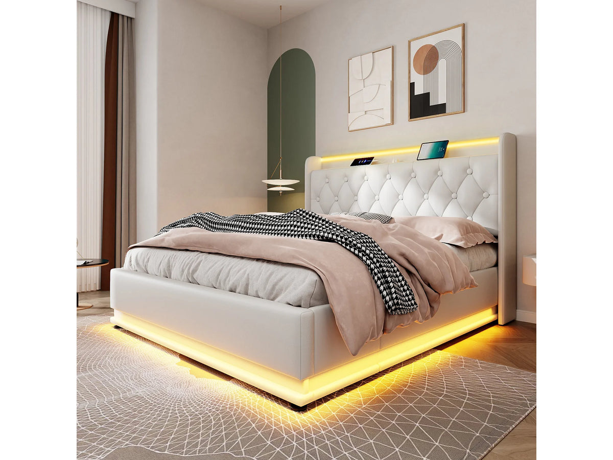 Lit Coffre 160x200 Simili Cuir Blanc avec LED et Port USB — vue 6