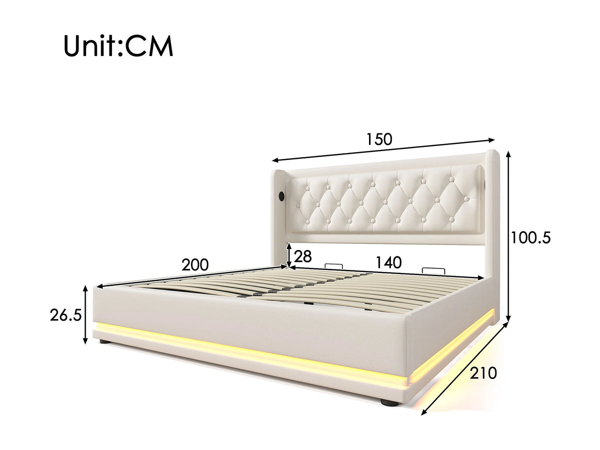 Lit Coffre 140x200 Simili Cuir Blanc avec LED et Port USB — vue 7