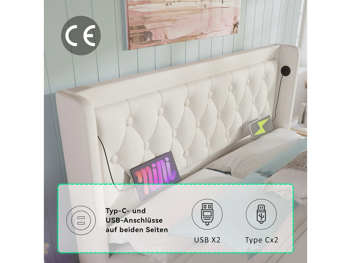 Lit Coffre 140x200 Simili Cuir Blanc avec LED et Port USB — vue 10