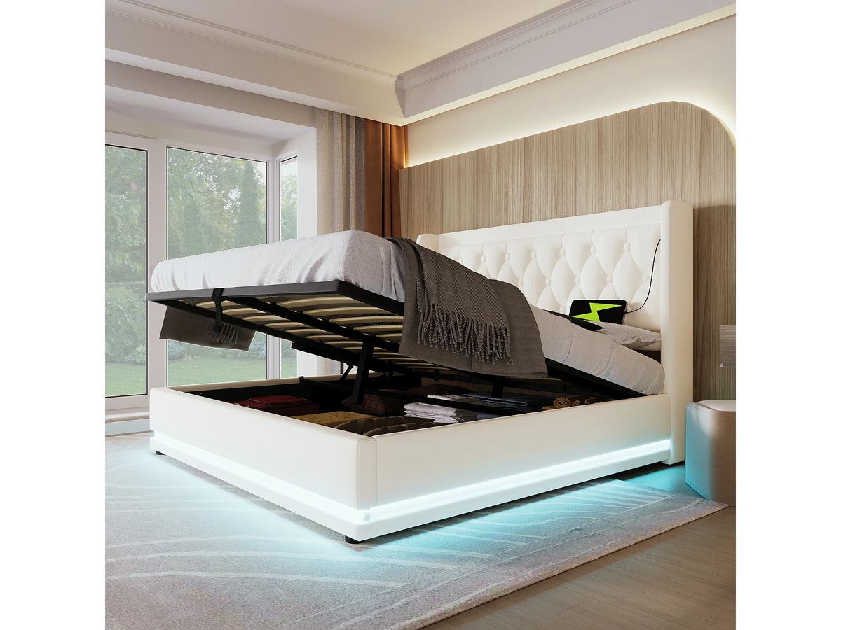Lit Coffre 140x200 Simili Cuir Blanc avec LED et Port USB — vue 4