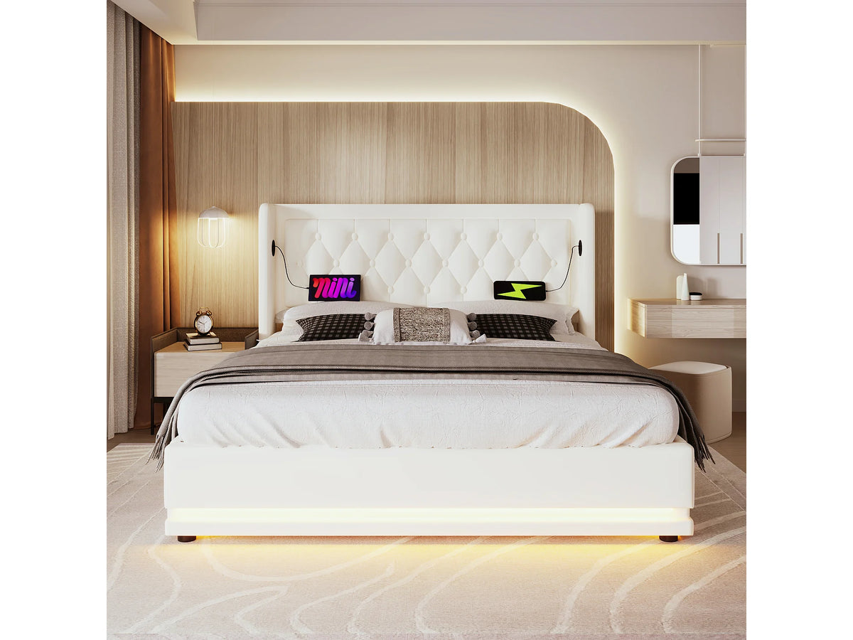 Lit Coffre 140x200 Simili Cuir Blanc avec LED et Port USB — vue 6