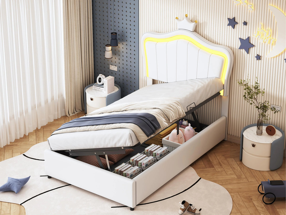 Lit Coffre 90x200 Simili Cuir Blanc avec LED