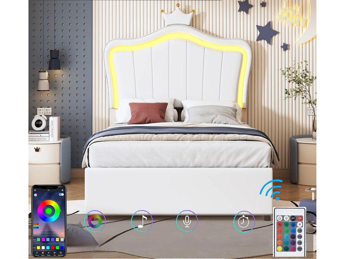 Lit Coffre 90x200 Simili Cuir Blanc avec LED — vue 4
