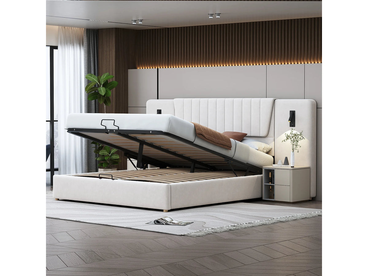 Lit Coffre 180x200 Velours Beige avec Port USB — vue 2