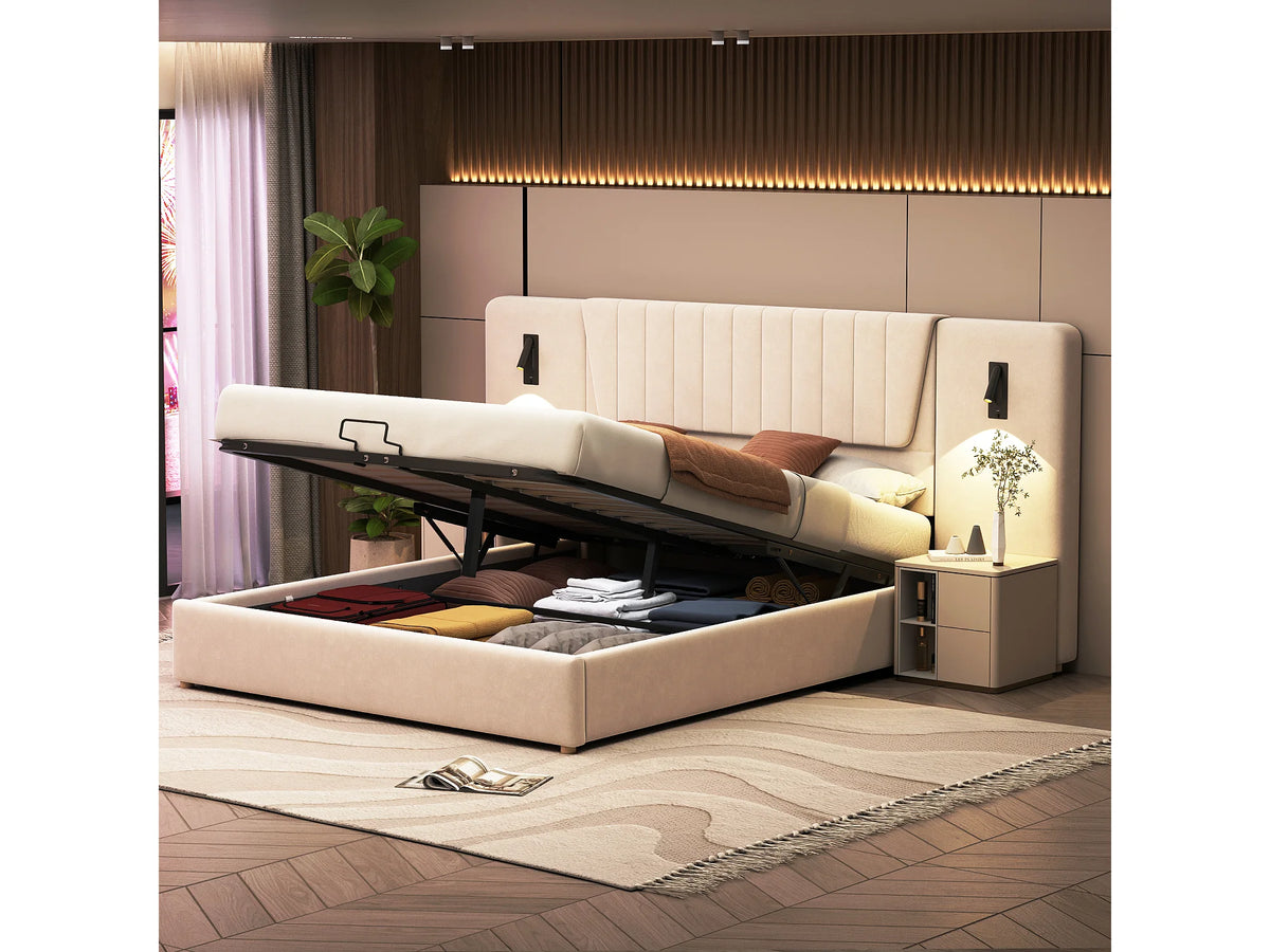 Lit Coffre 180x200 Velours Beige avec Port USB — vue 4