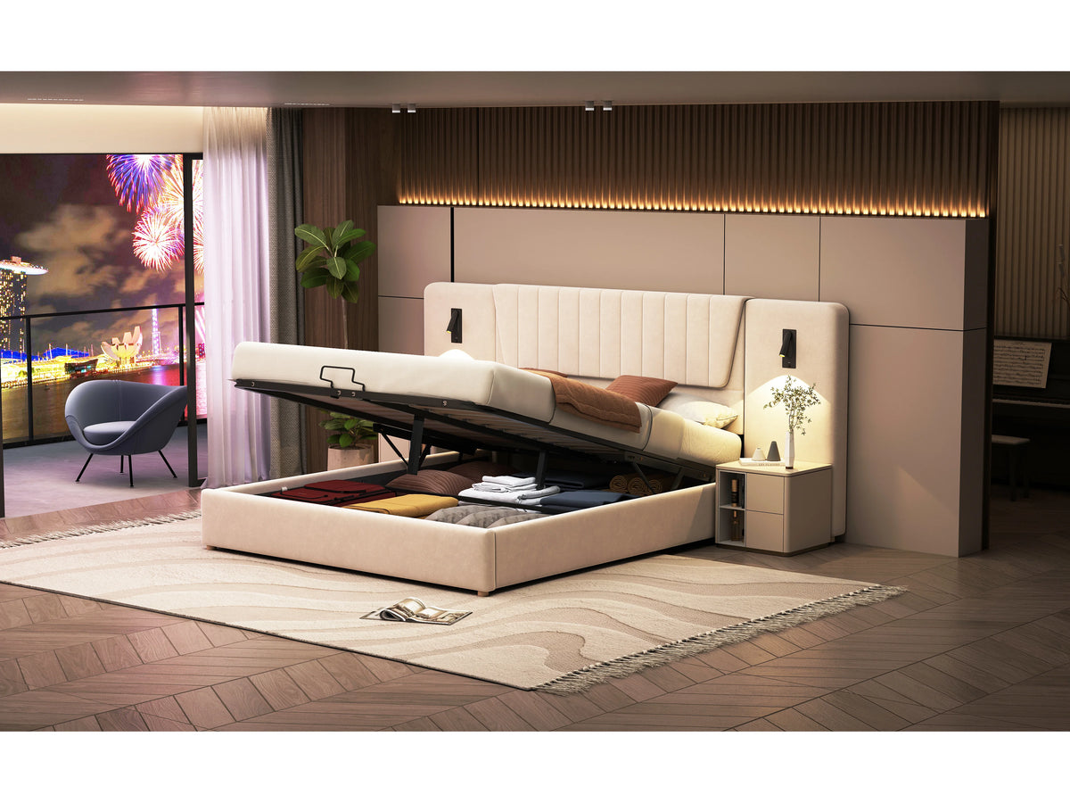 Lit Coffre 180x200 Velours Beige avec Port USB — vue 5