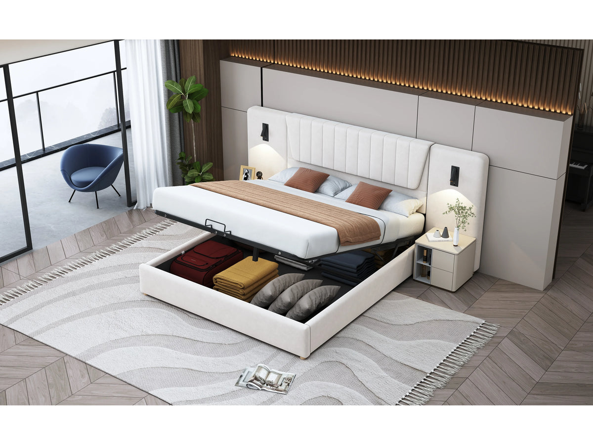 Lit Coffre 180x200 Velours Beige avec Port USB — vue 6