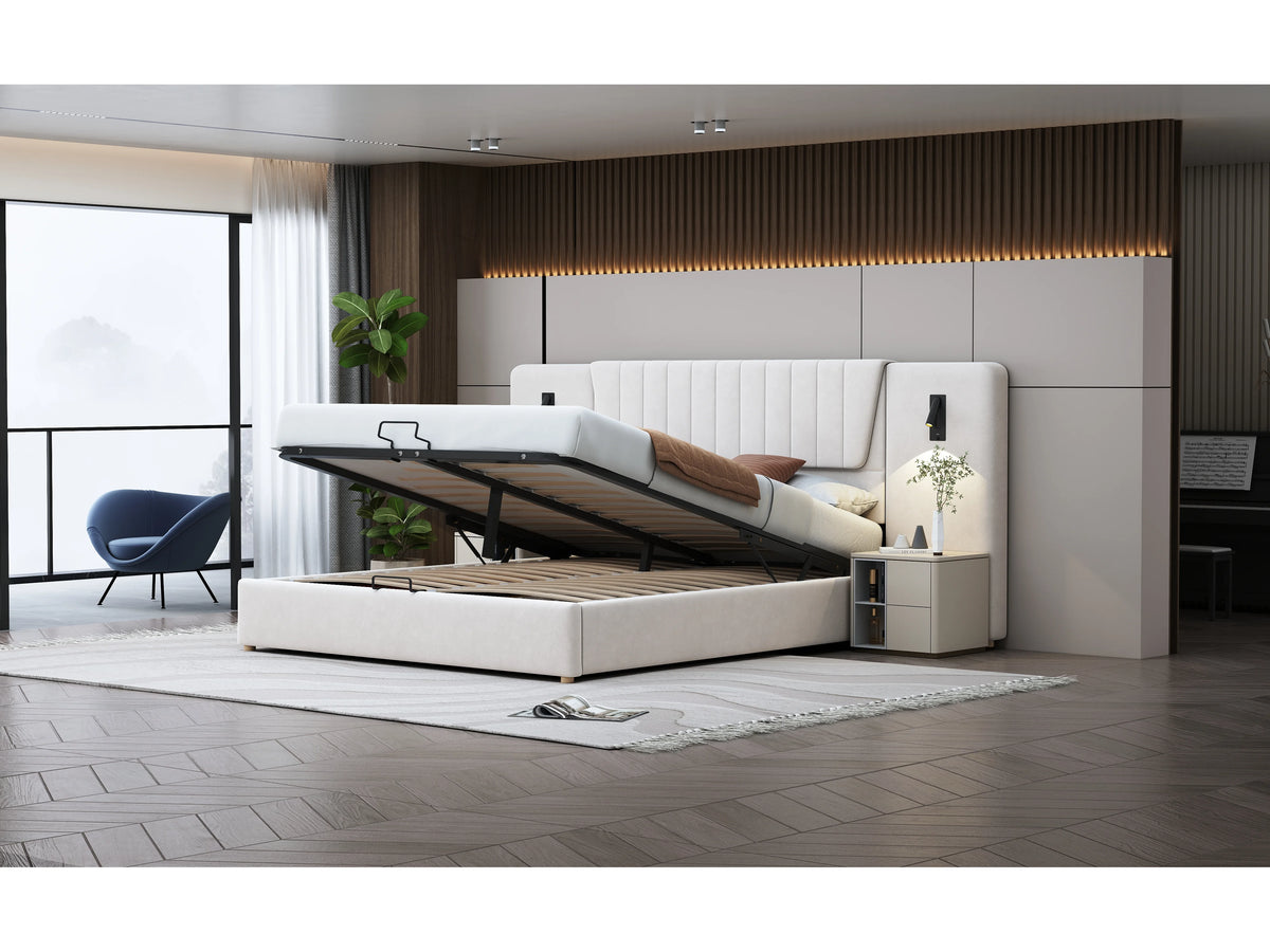 Lit Coffre 180x200 Velours Beige avec Port USB — vue 8