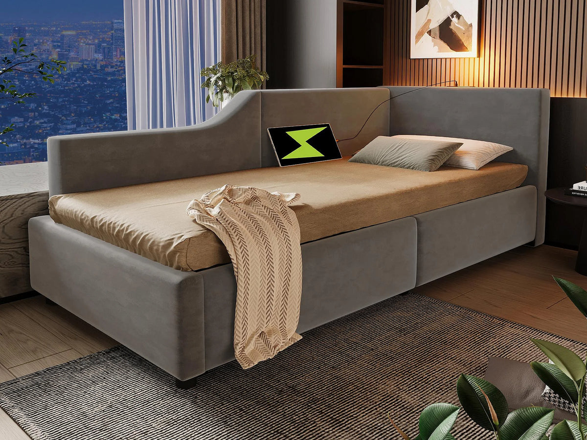 Lit Coffre 90x190 Velours Gris avec LED et Port USB