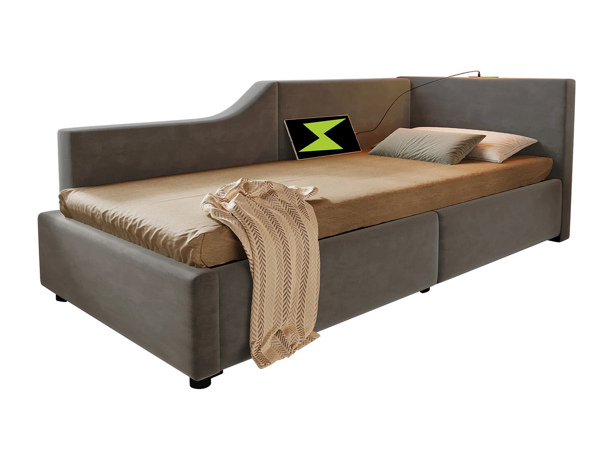 Lit Coffre 90x190 Velours Gris avec LED et Port USB — vue 4