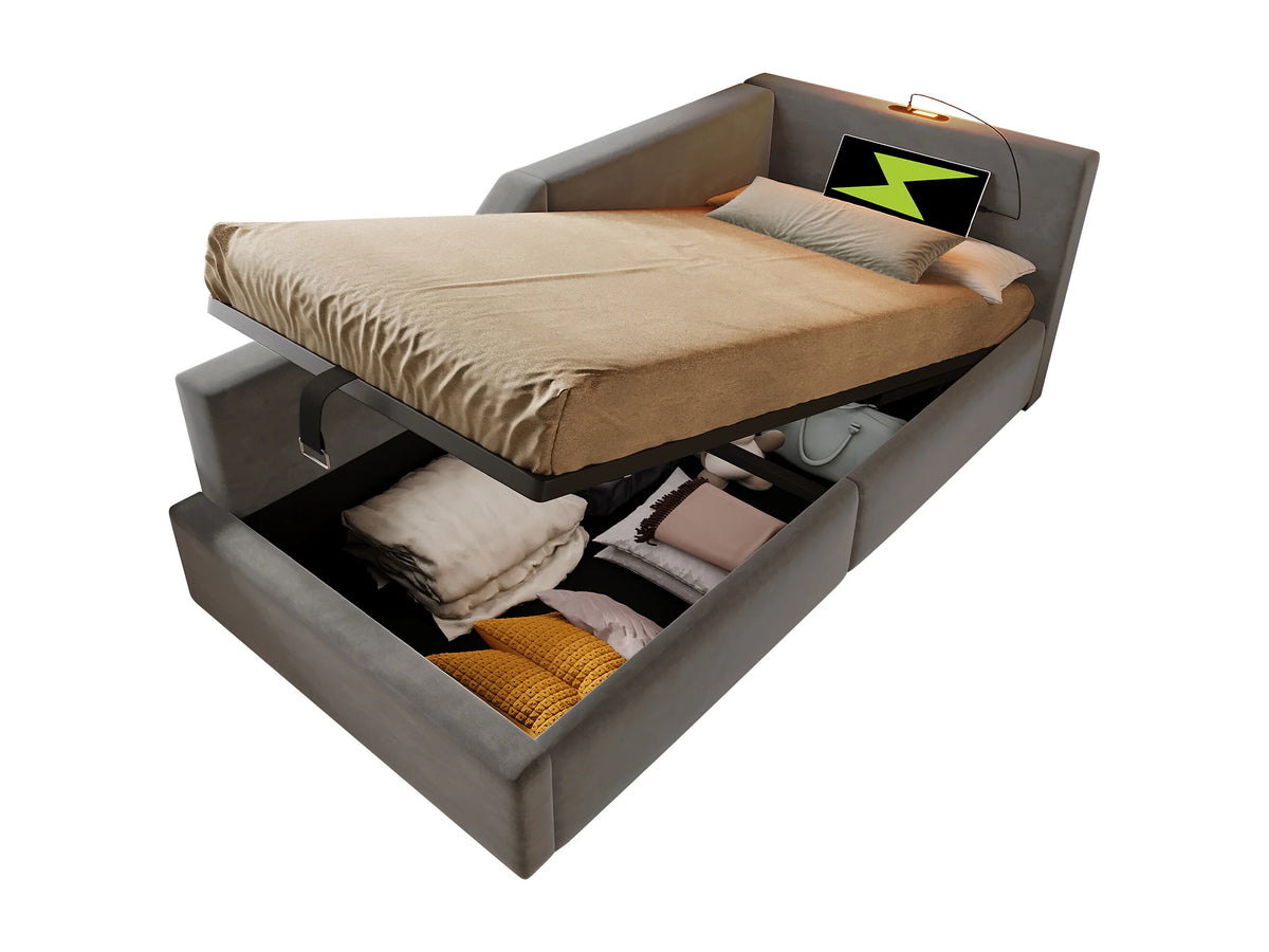 Lit Coffre 90x190 Velours Gris avec LED et Port USB — vue 5