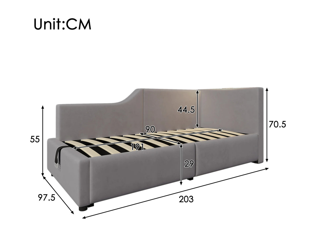 Lit Coffre 90x190 Velours Gris avec LED et Port USB — vue 7