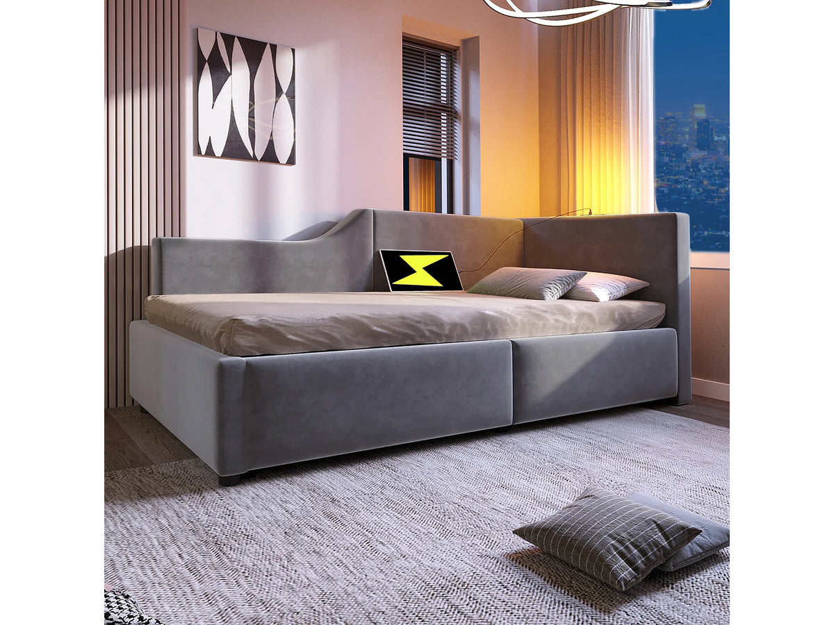 Lit Coffre 90x190 Velours Gris avec LED et Port USB — vue 3