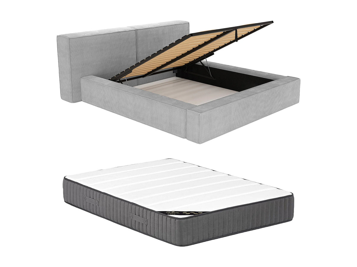 Lit Coffre 180x200 Velours Côtelé Gris clair avec Matelas - TIMANO — vue 5