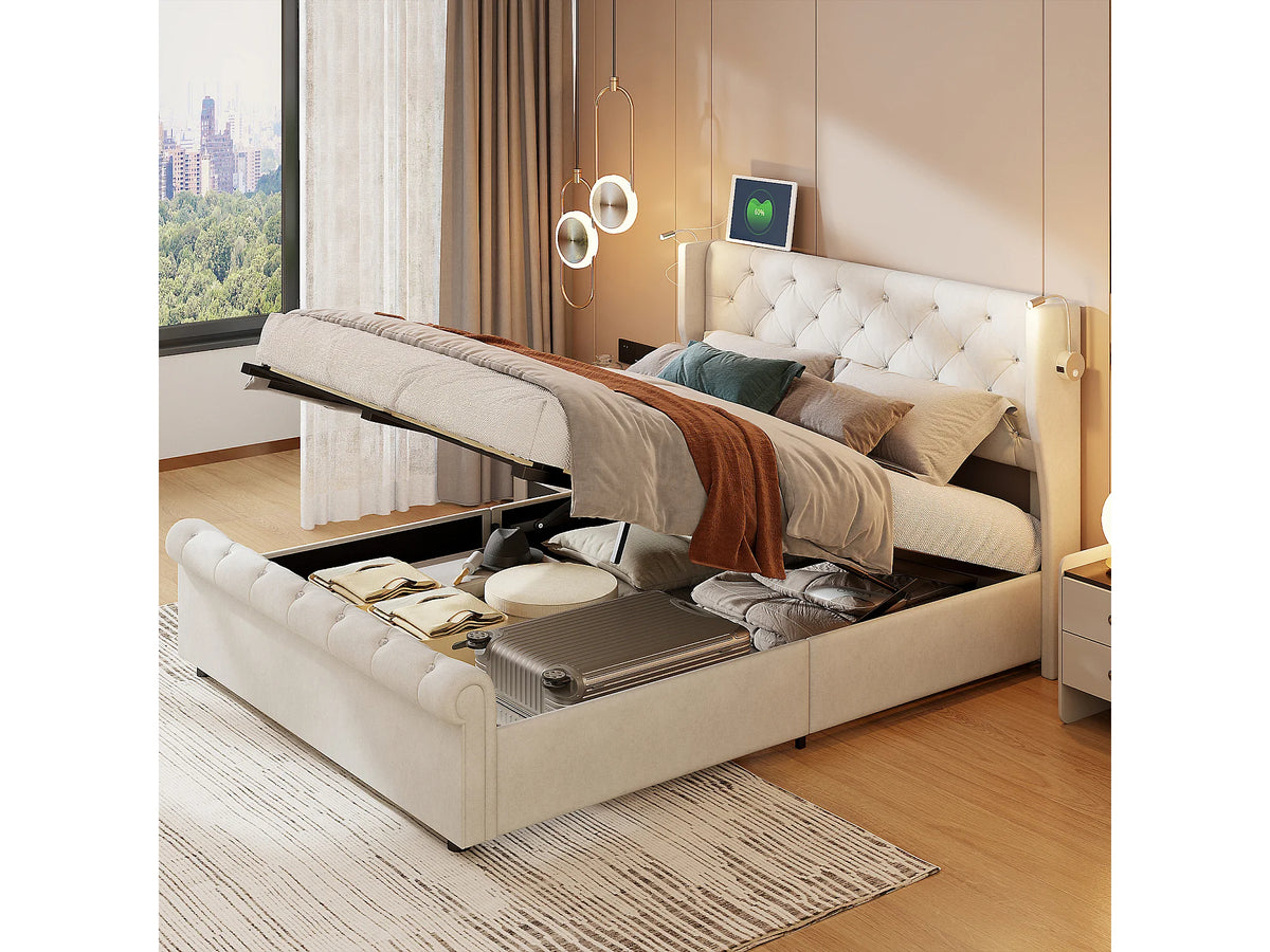 Lit Coffre 140x190 Velours Beige avec Port USB