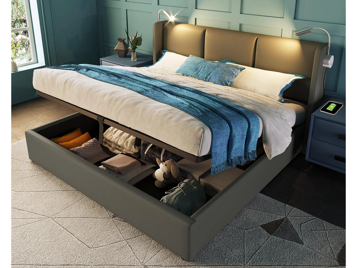 Lit Coffre 160x200 Simili Cuir Gris avec LED et Port USB
