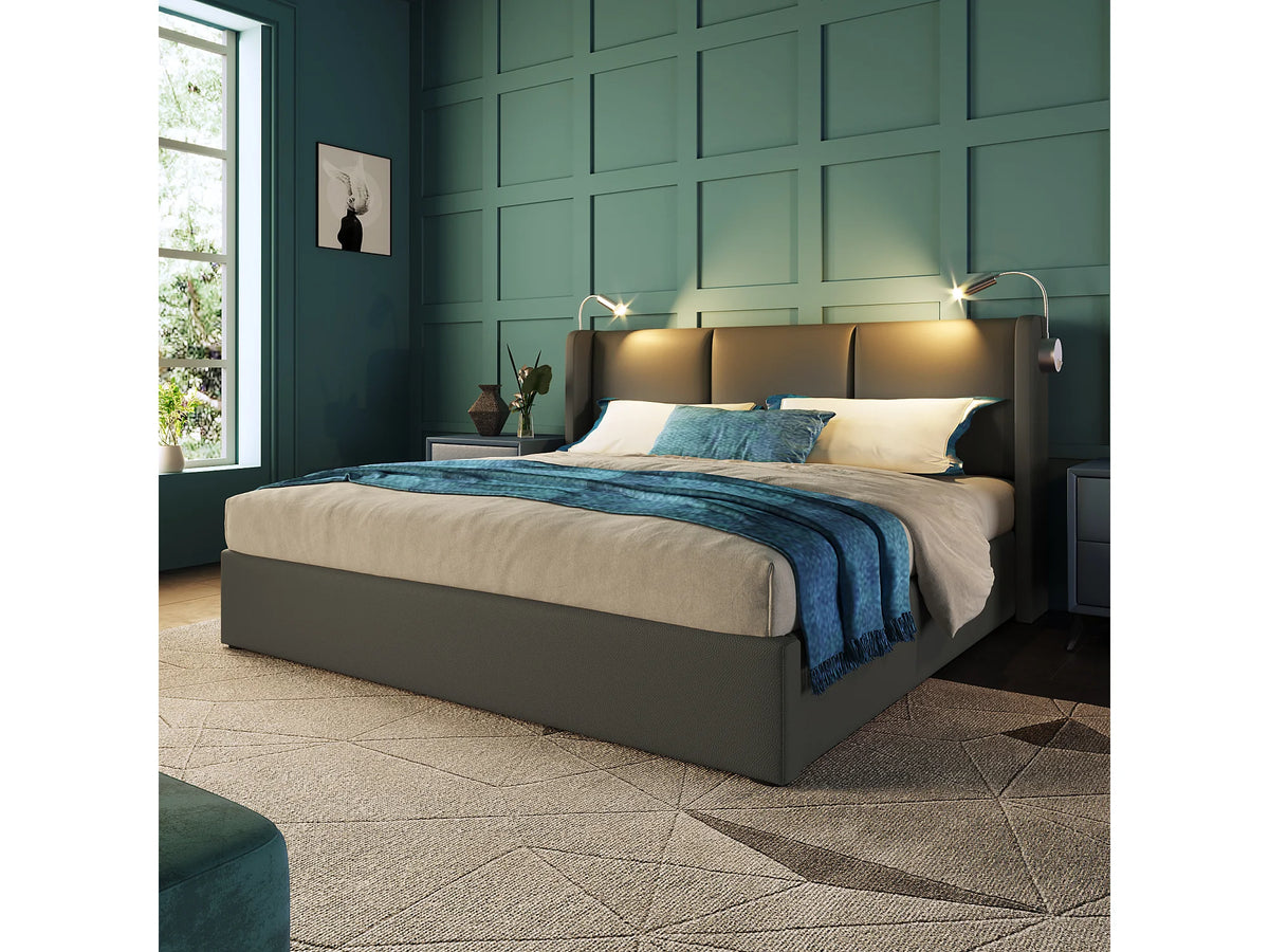 Lit Coffre 160x200 Simili Cuir Gris avec LED et Port USB — vue 2