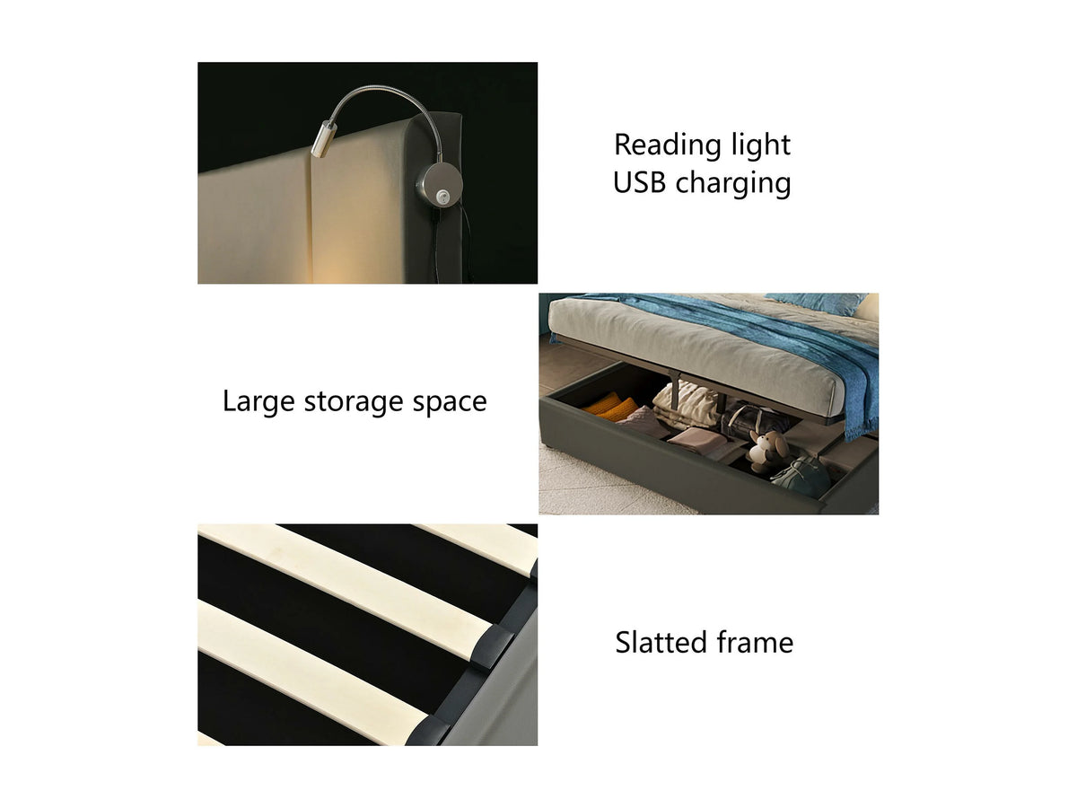 Lit Coffre 160x200 Simili Cuir Gris avec LED et Port USB — vue 5