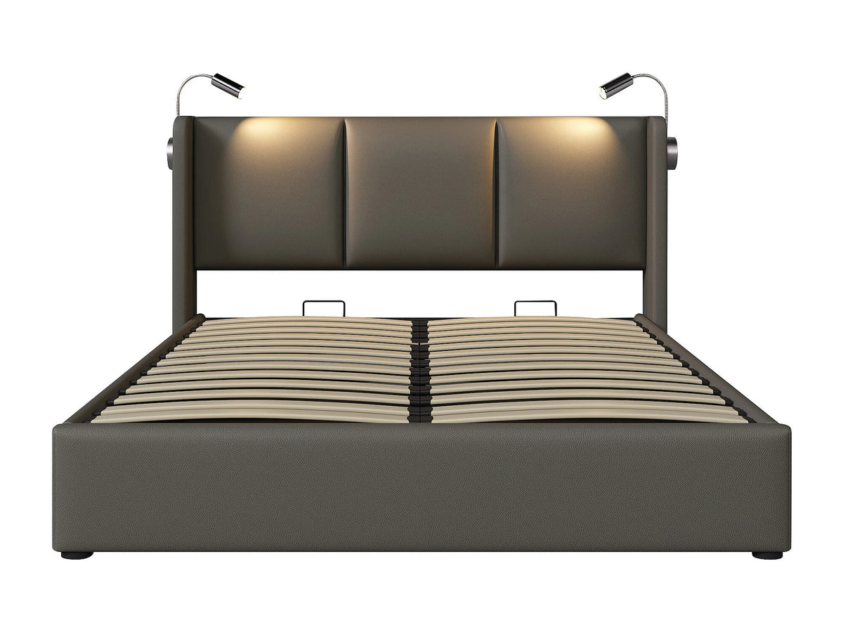 Lit Coffre 160x200 Simili Cuir Gris avec LED et Port USB — vue 4