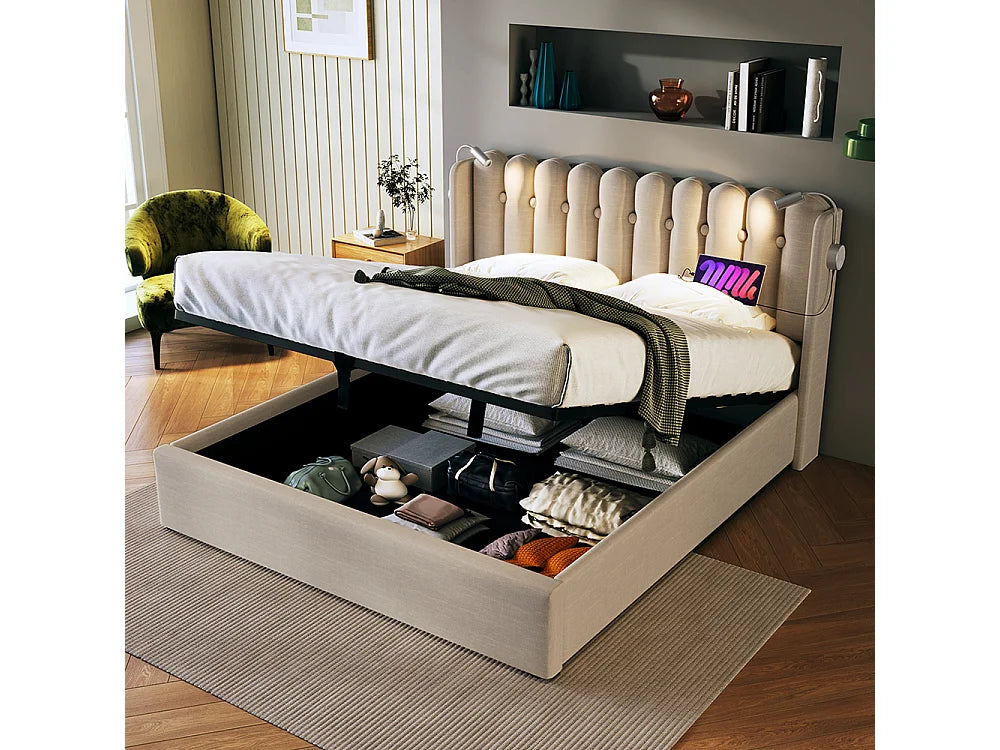 Lit Coffre 160x200 Tissu Lin Beige avec Chevets et Port USB