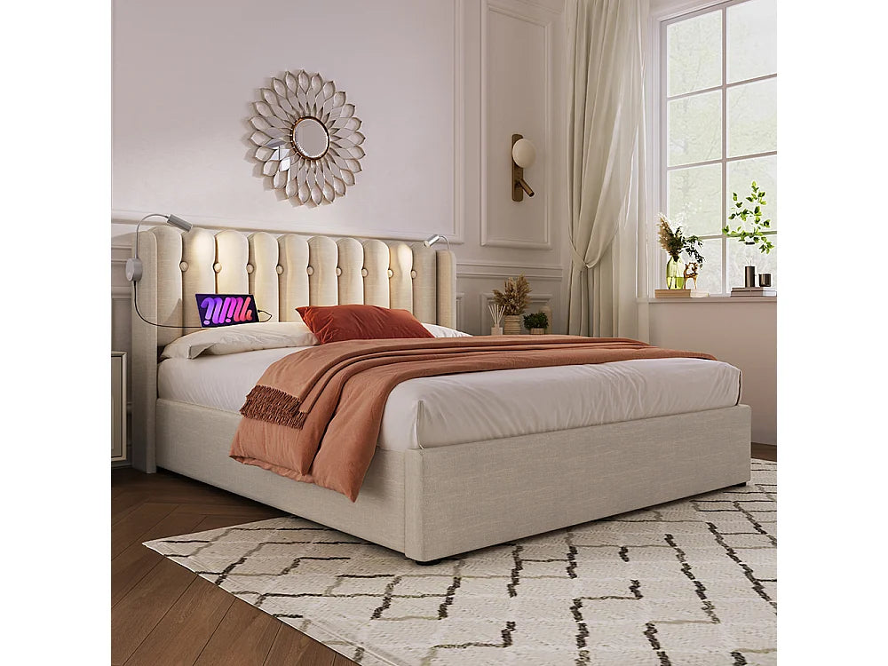 Lit Coffre 160x200 Tissu Lin Beige avec Chevets et Port USB — vue 3