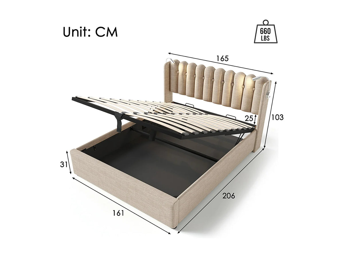Lit Coffre 160x200 Tissu Lin Beige avec Chevets et Port USB — vue 6