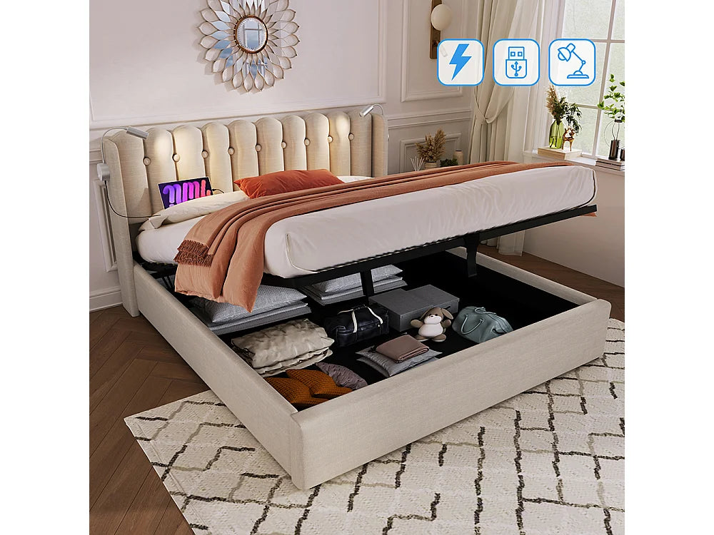 Lit Coffre 160x200 Tissu Lin Beige avec Chevets et Port USB — vue 4