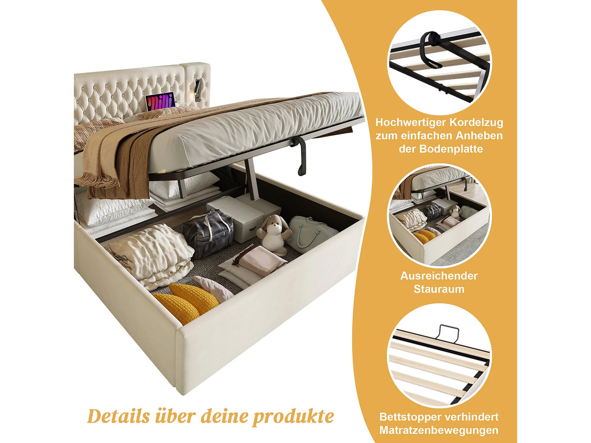 Lit Coffre 180x200 Velours Beige avec Chevets et Port USB — vue 3