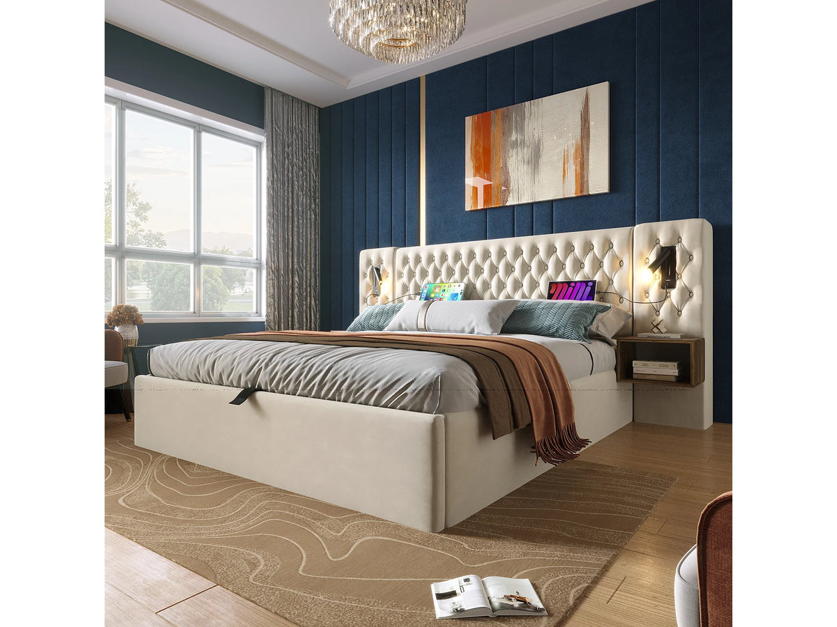Lit Coffre 180x200 Velours Beige avec Chevets et Port USB — vue 6