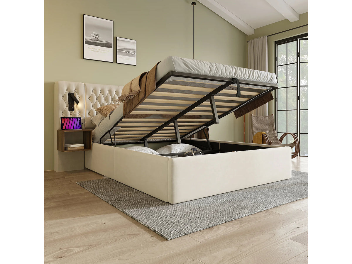 Lit Coffre 180x200 Velours Beige avec Chevets et Port USB — vue 10