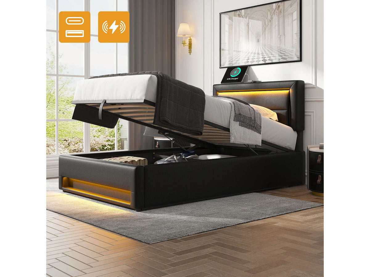 Lit Coffre 90x200 Simili Cuir Noir avec LED et Port USB
