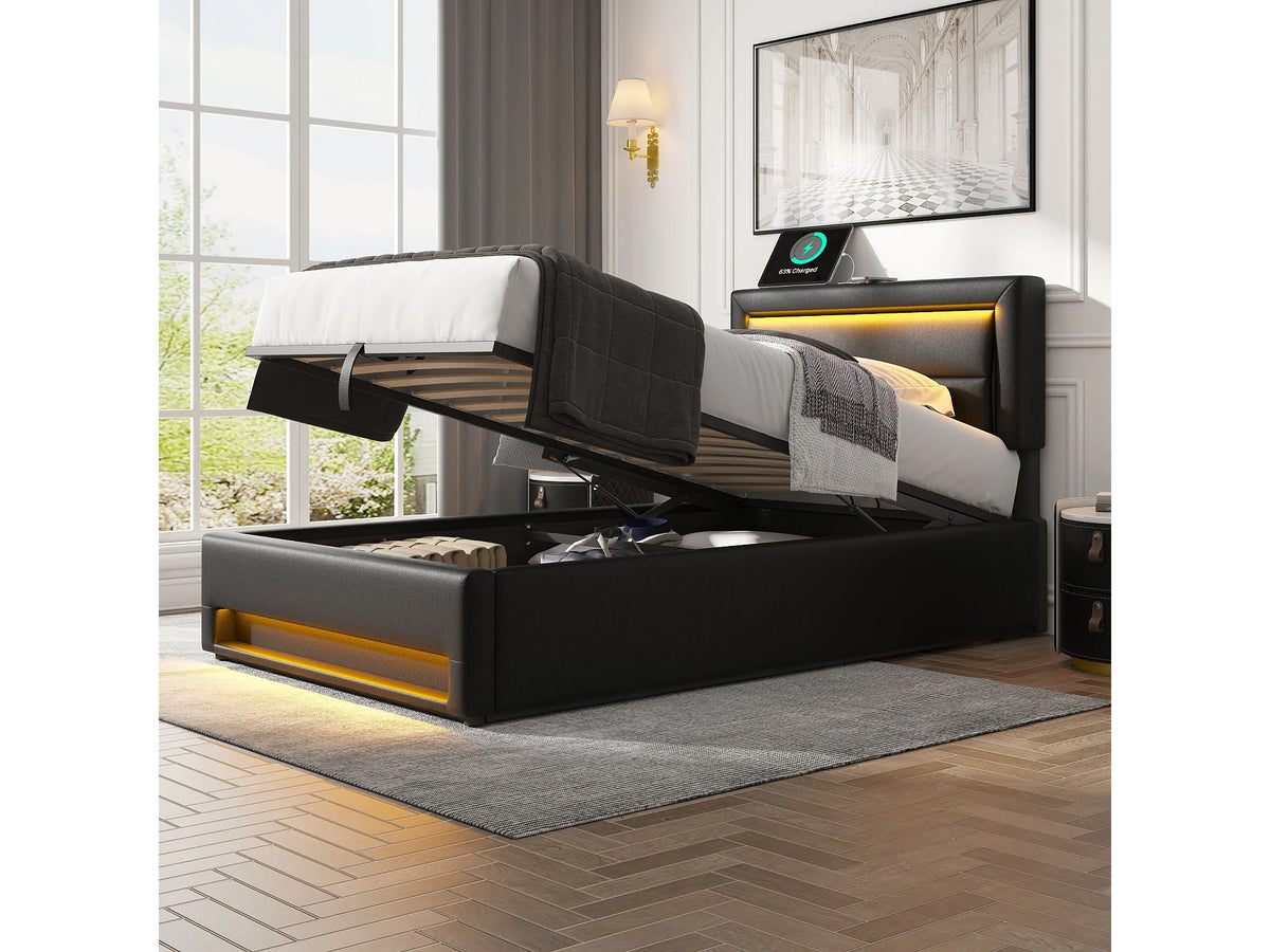 Lit Coffre 90x200 Simili Cuir Noir avec LED et Port USB — vue 7