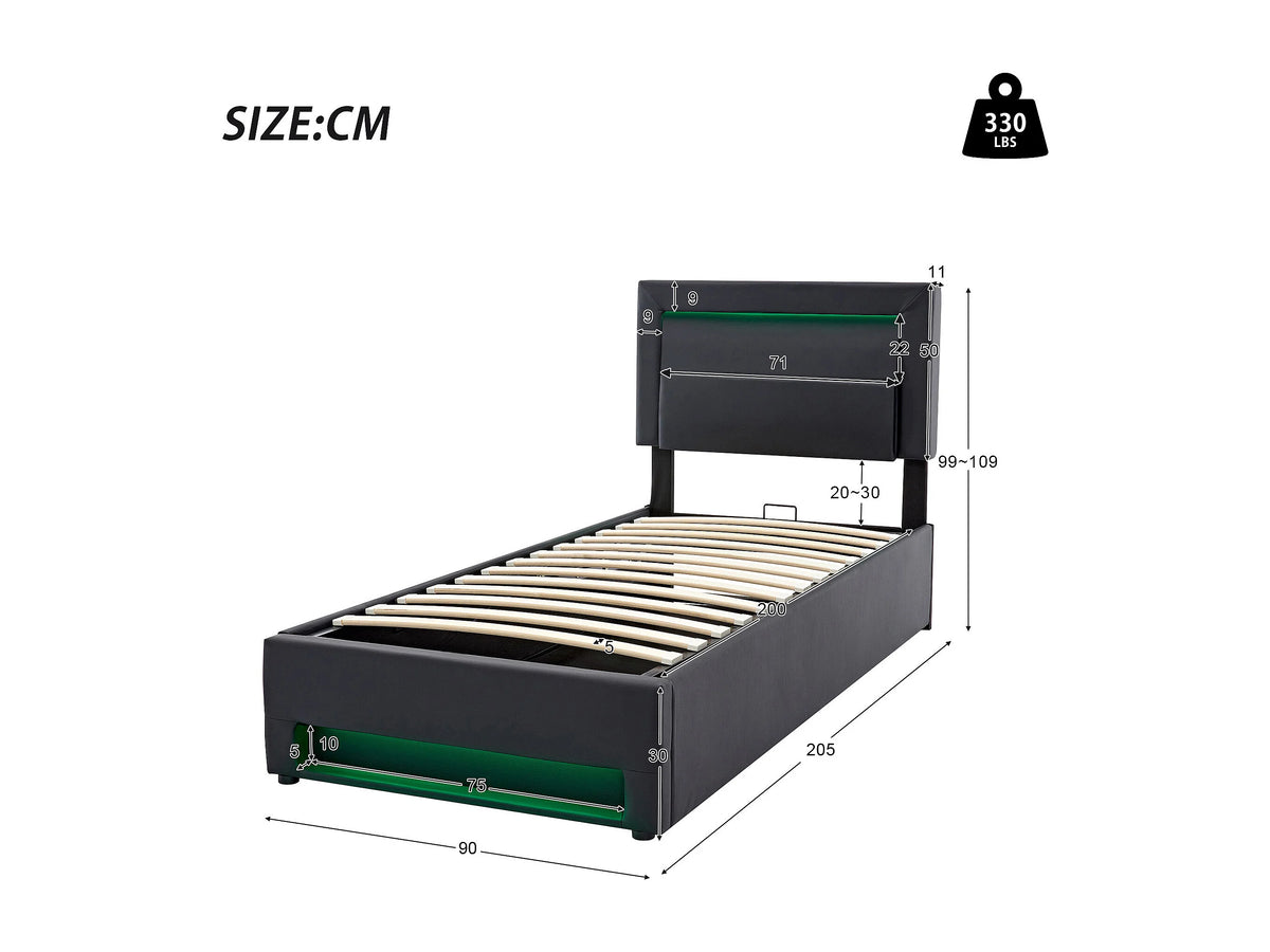 Lit Coffre 90x200 Simili Cuir Noir avec LED et Port USB — vue 6