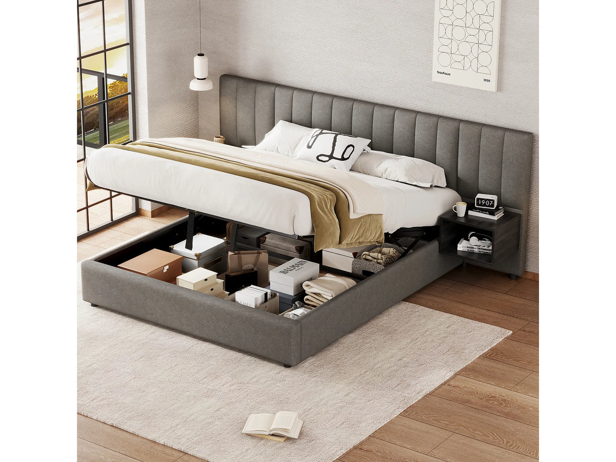 Lit Coffre 160x200 Tissu Lin Gris avec Chevets — vue 3