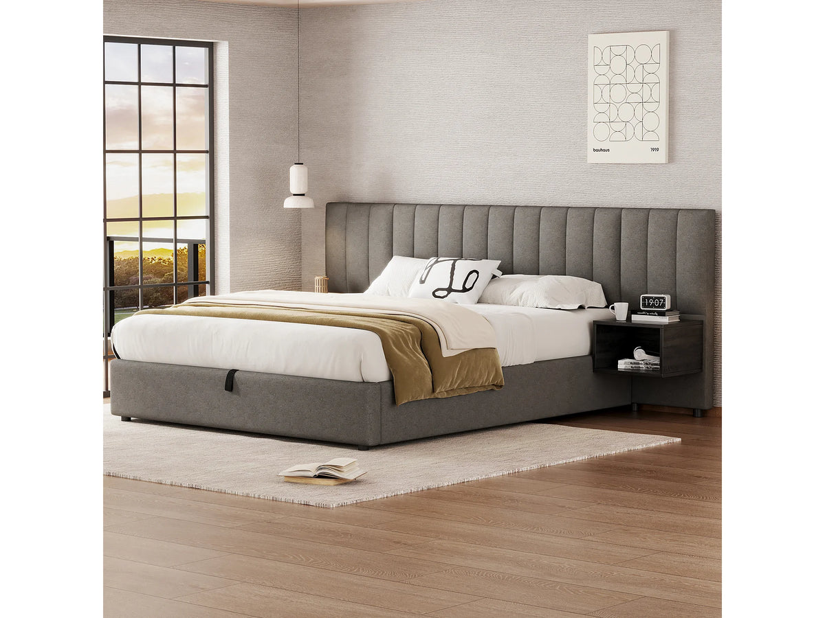 Lit Coffre 160x200 Tissu Lin Gris avec Chevets — vue 4