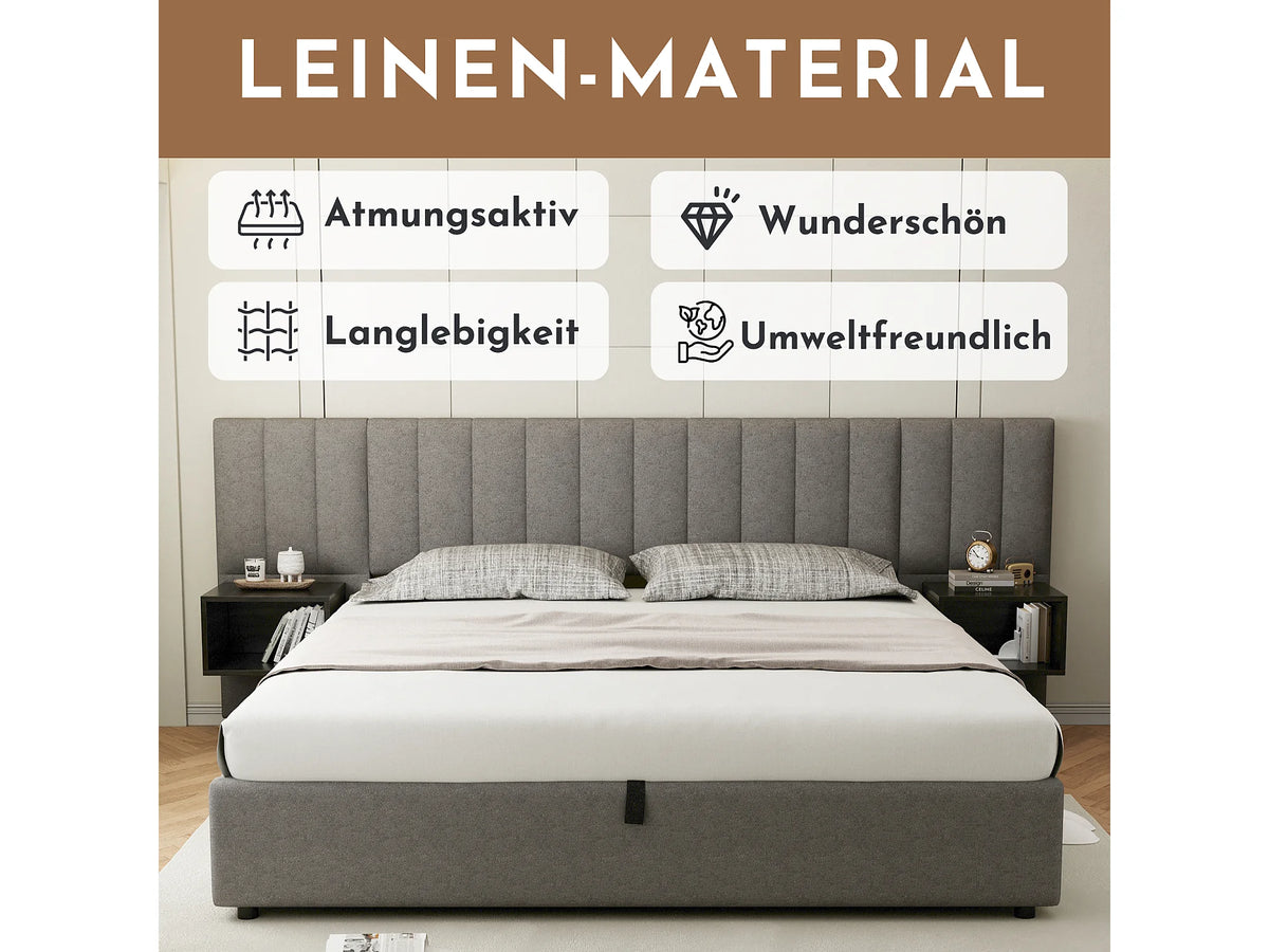 Lit Coffre 160x200 Tissu Lin Gris avec Chevets — vue 9
