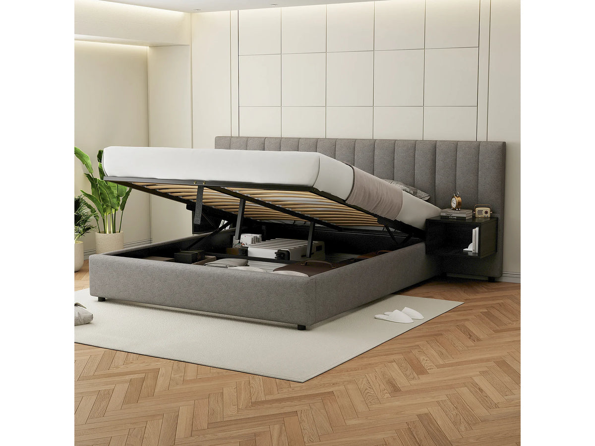 Lit Coffre 160x200 Tissu Lin Gris avec Chevets — vue 5
