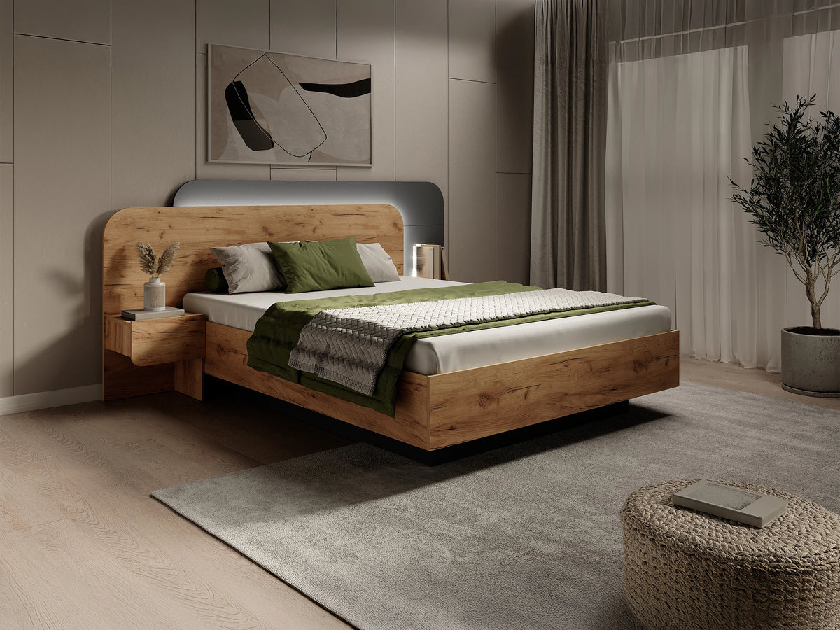 Lit Coffre 160x200 Bois Naturel clair avec Chevets, LED et Tiroirs - DESADO — vue 2