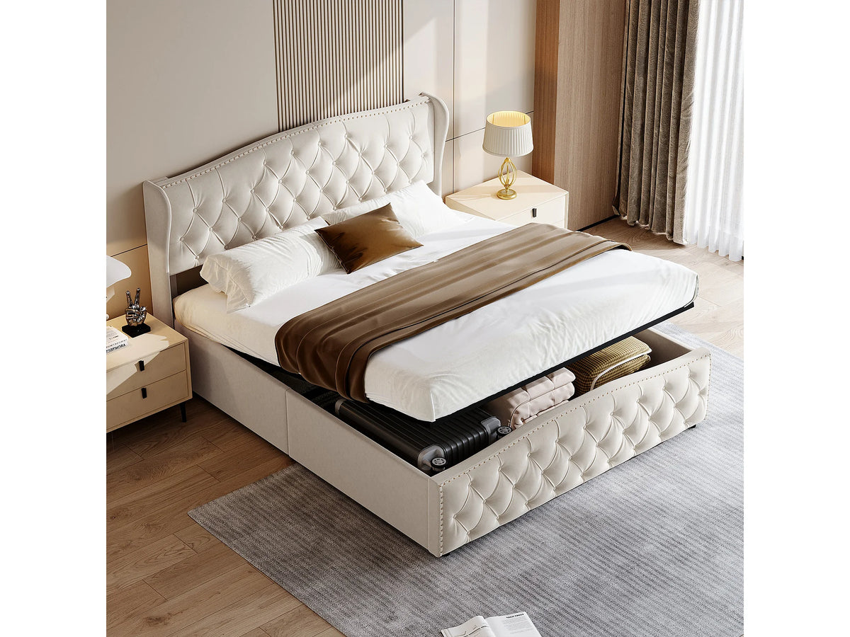 Lit Coffre 140x200 Velours Beige Capitonné