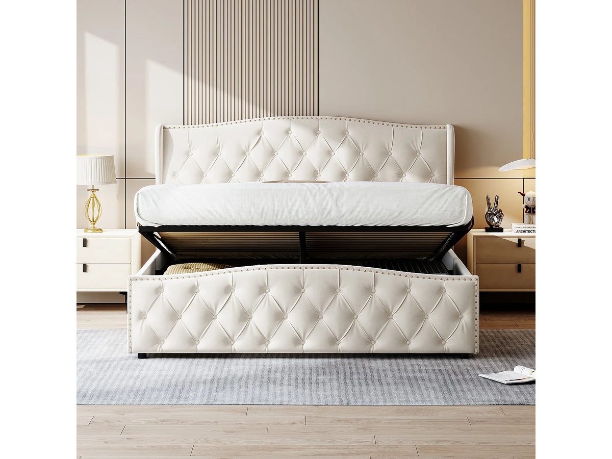 Lit Coffre 140x200 Velours Beige Capitonné — vue 9