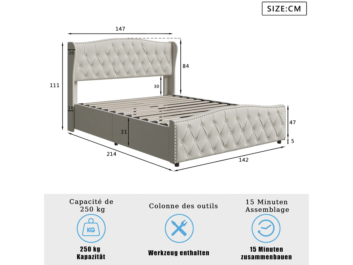 Lit Coffre 140x200 Velours Beige Capitonné — vue 7