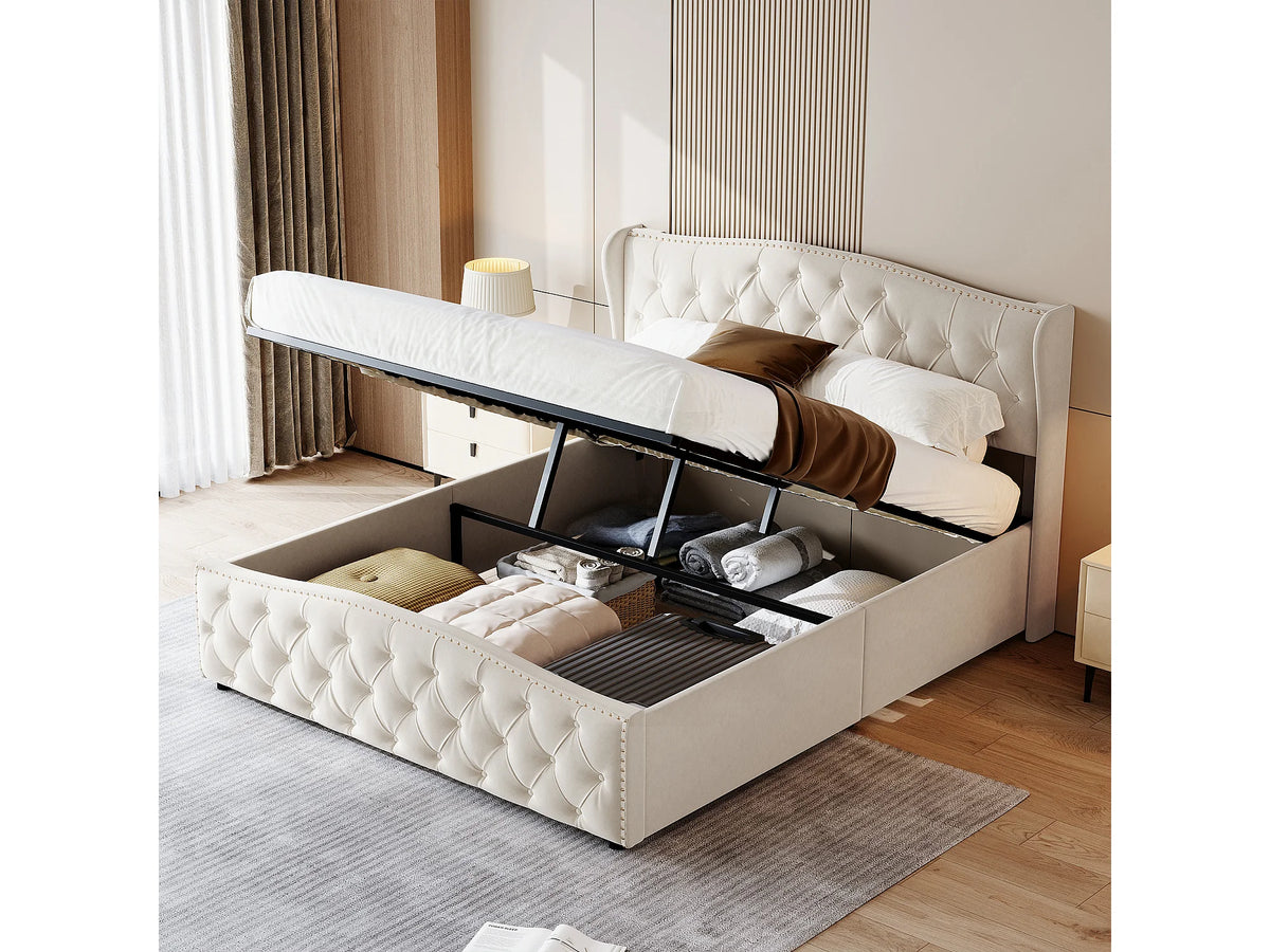 Lit Coffre 140x200 Velours Beige Capitonné — vue 2