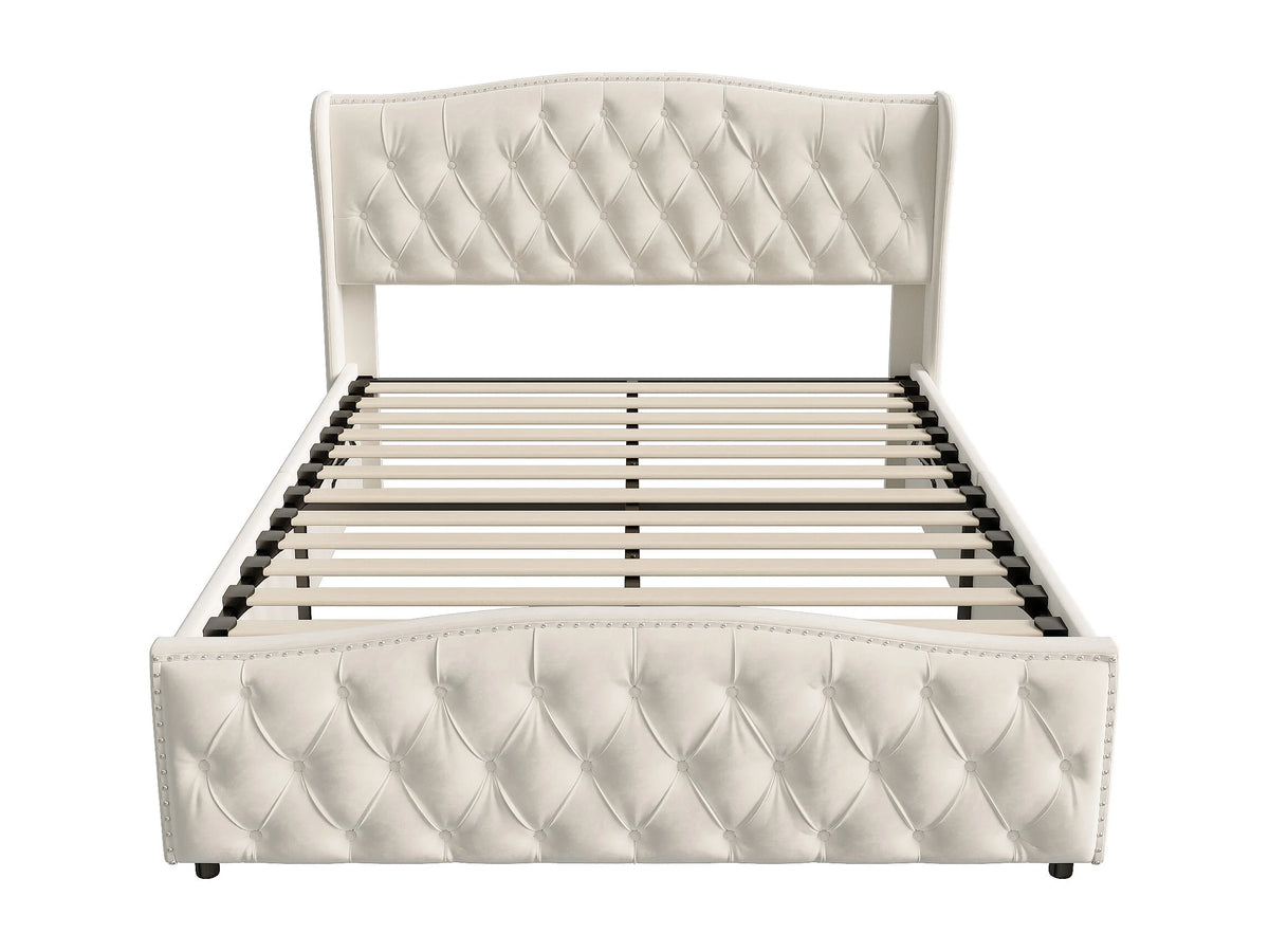 Lit Coffre 140x200 Velours Beige Capitonné — vue 3