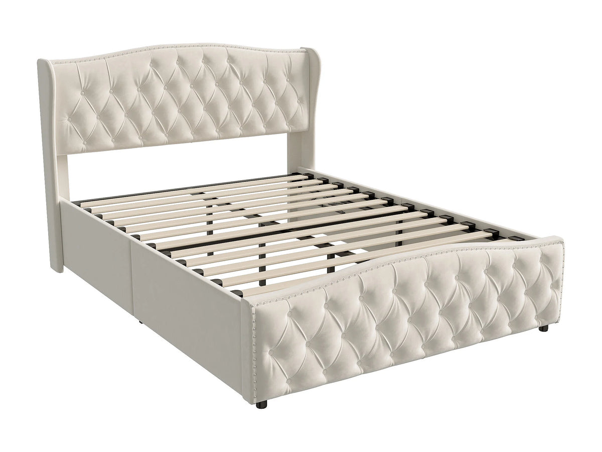 Lit Coffre 140x200 Velours Beige Capitonné — vue 10