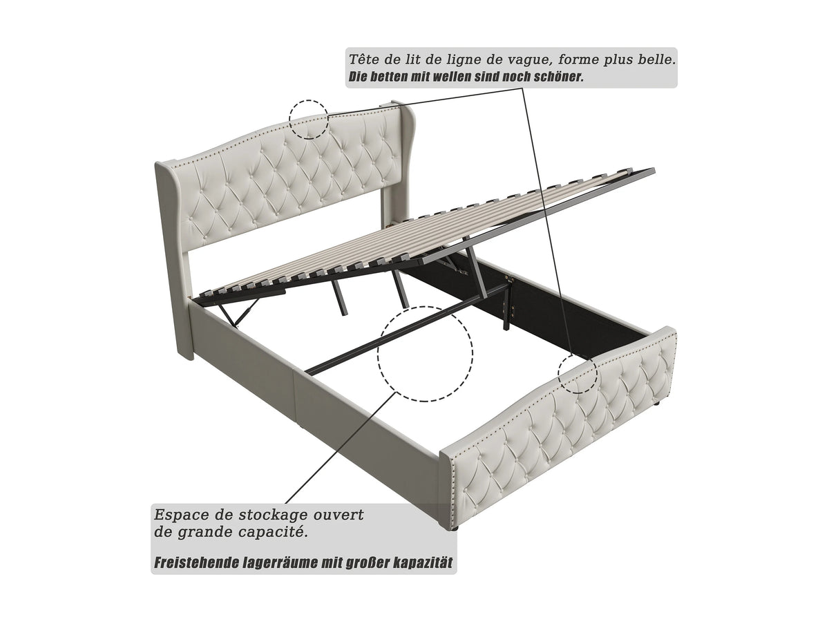 Lit Coffre 140x200 Velours Beige Capitonné — vue 6