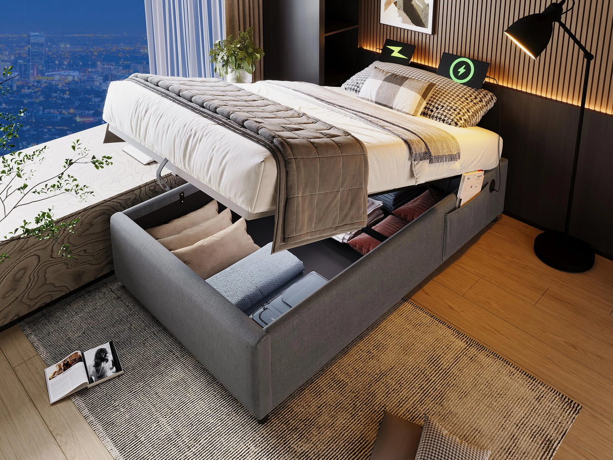 Lit Coffre 90x200 Tissu Lin Gris avec Port USB