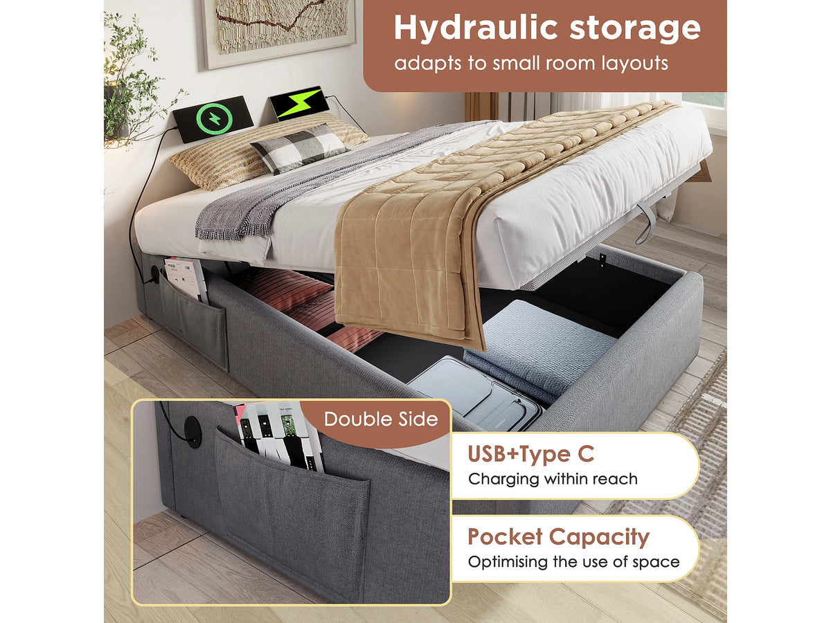 Lit Coffre 90x200 Tissu Lin Gris avec Port USB — vue 9