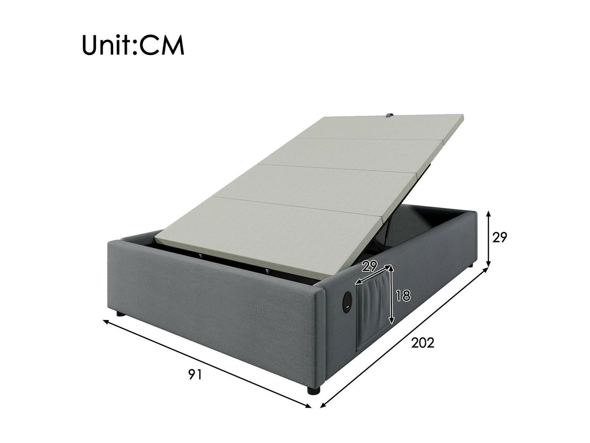 Lit Coffre 90x200 Tissu Lin Gris avec Port USB — vue 6