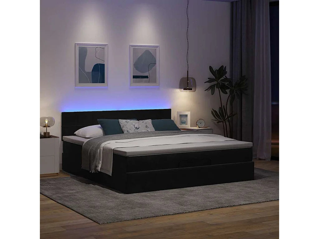 Lit Coffre 160x200 Velours Noir avec Matelas, LED et Port USB