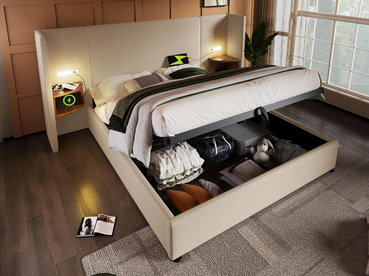 Lit Coffre 160x200 Tissu Lin Beige avec Chevets, LED et Port USB